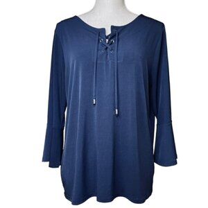 CHICO'S Navy Lace Up Bell Sleeve Blouse - Size Large